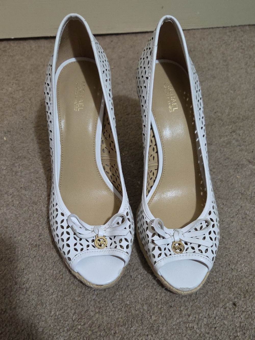 Michael Kors White Laser-Cut Peep-Toe Wedges with Bow Detail